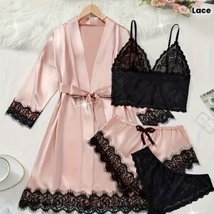 Trendy boutique Pink Satin Robe & Black Lace Lingerie Set